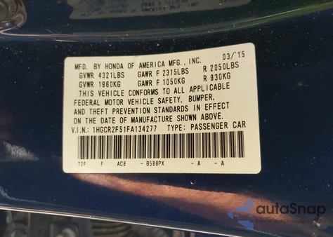 2015 Honda Accord Sport из США, поврежденный, VIN 1HGCR2F51FA134277